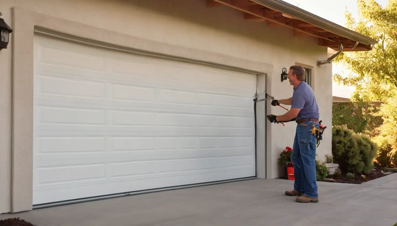 Independent provider fitting a new garage door on a stucco home in the Palo Alto area